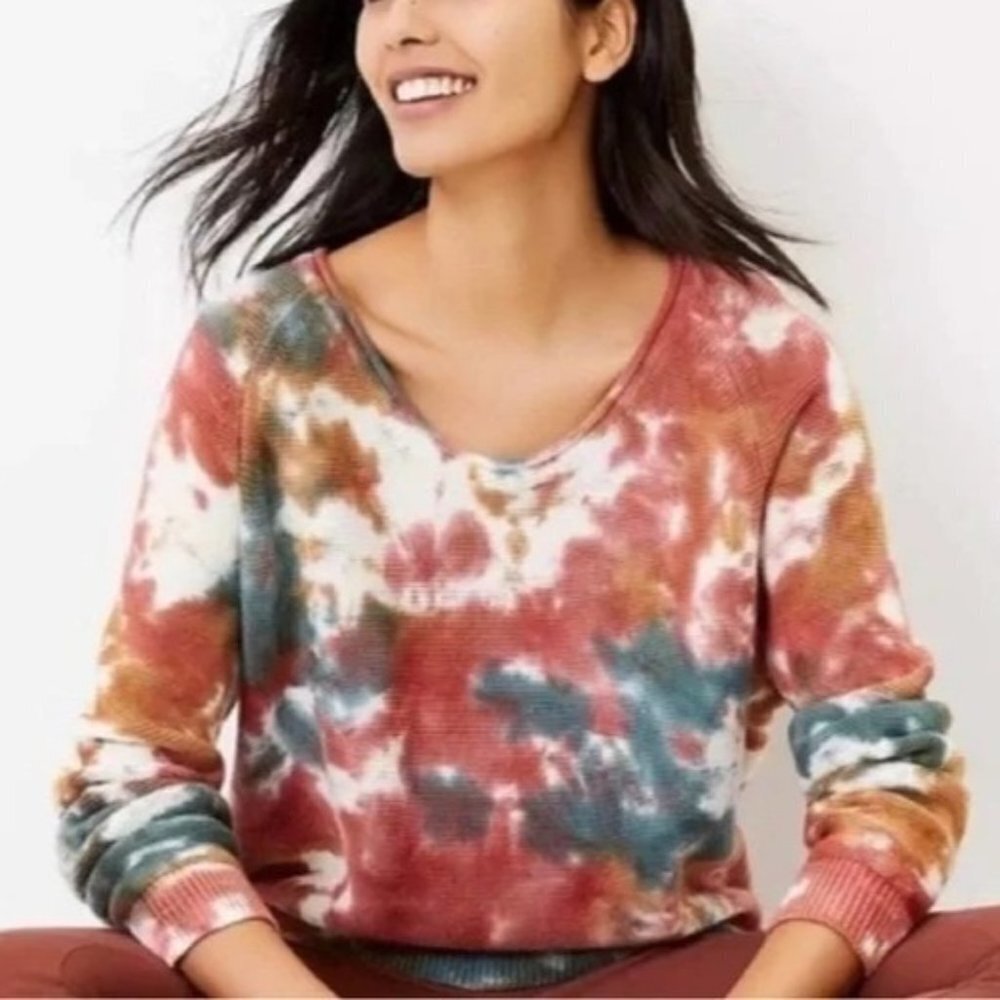 LOU & GREY Women's Clay Blue Tie Dye Oversized Pullover Sweater S Scoop Neck